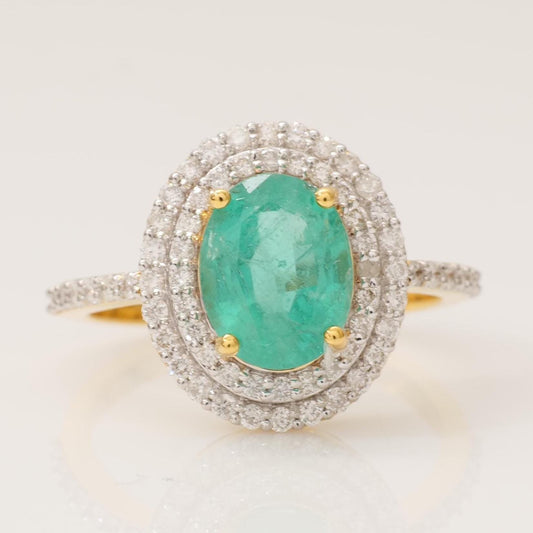 Oval Emerald Double Halo Diamond Ring