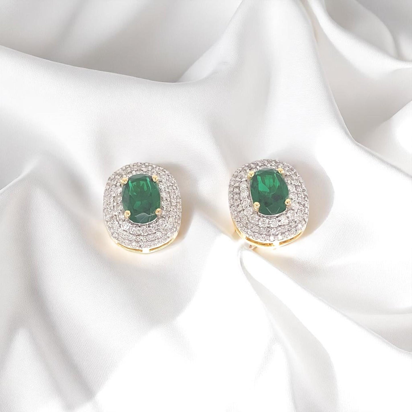Oval Emerald Halo Diamond Stud Earrings