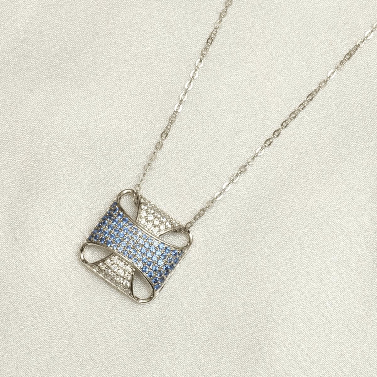 Square Blue Sapphire Diamond Pendant Necklace