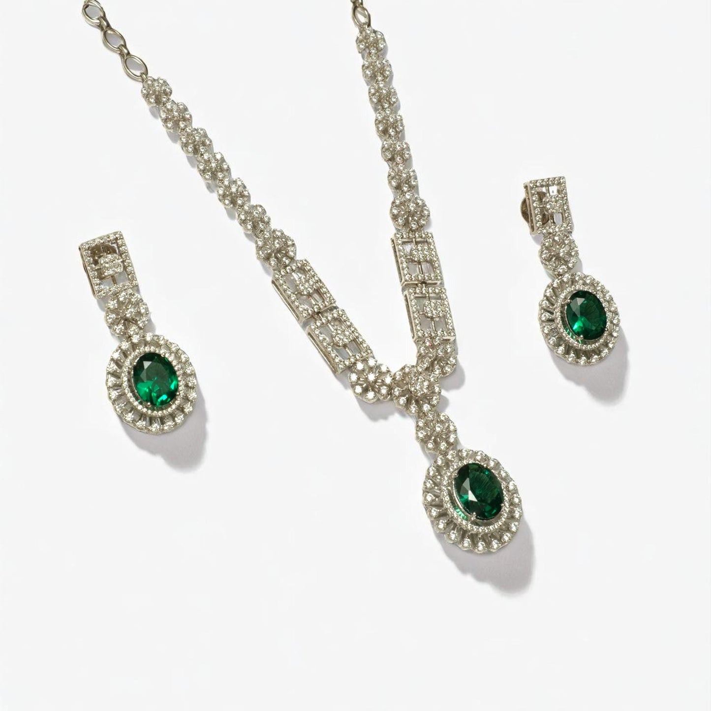 Halo Oval Emerald Diamond Necklace Earring Set