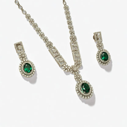 Halo Oval Emerald Diamond Necklace Earring Set
