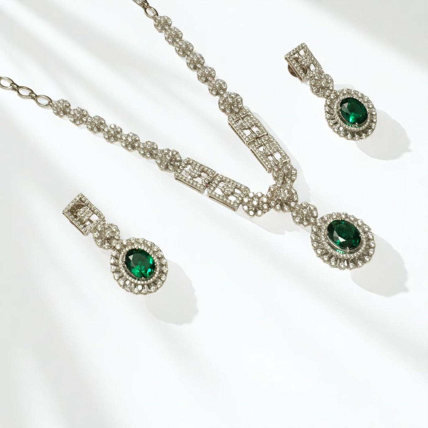 Halo Oval Emerald Diamond Necklace Earring Set