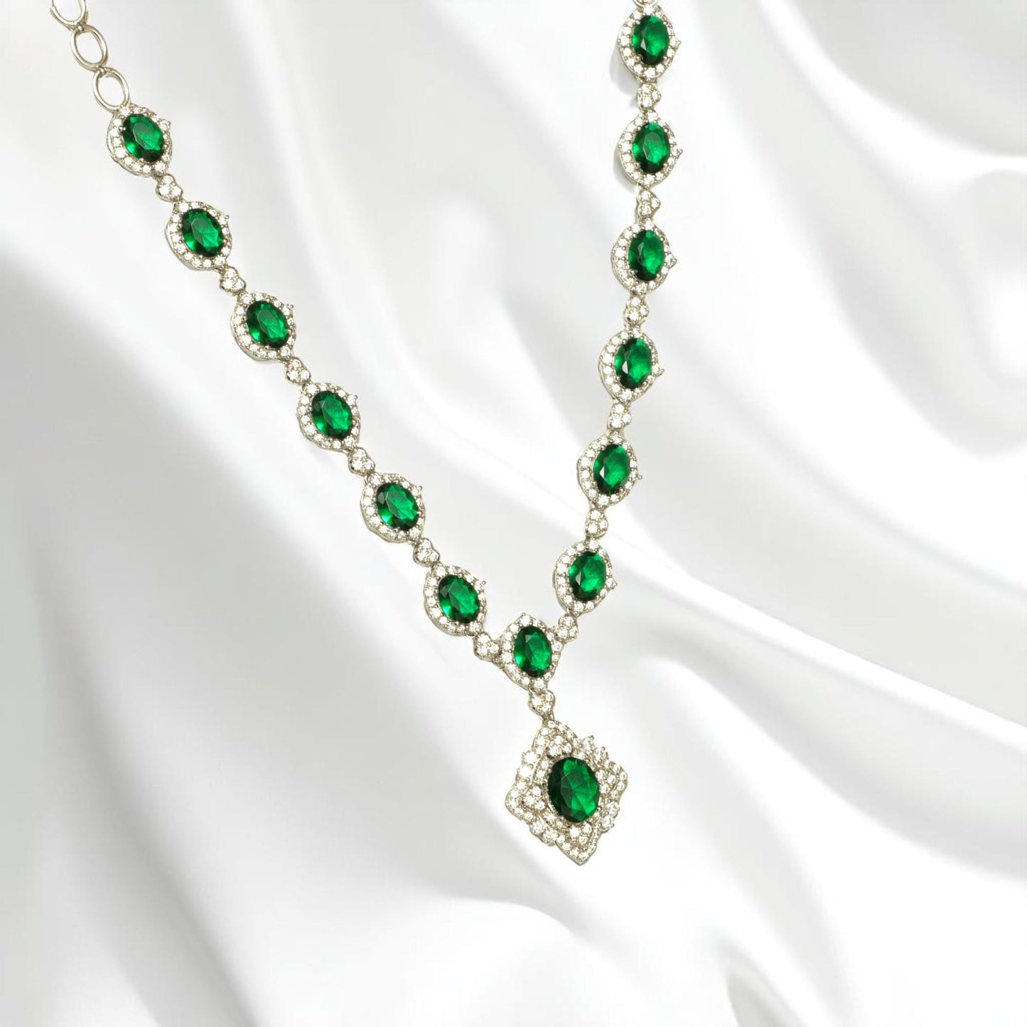 Halo Oval Emerald Diamond Necklace