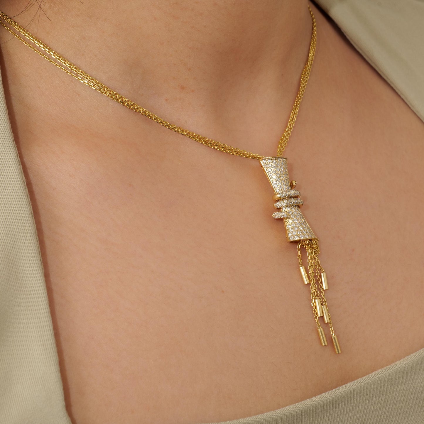 Cylindrical Diamond Charm Necklace with Gold tassels
