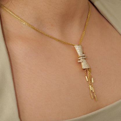 Cylindrical Diamond Charm Necklace with Gold tassels