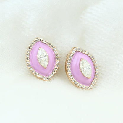 Eye shape Diamond Stud Earrings with Pink Enameling
