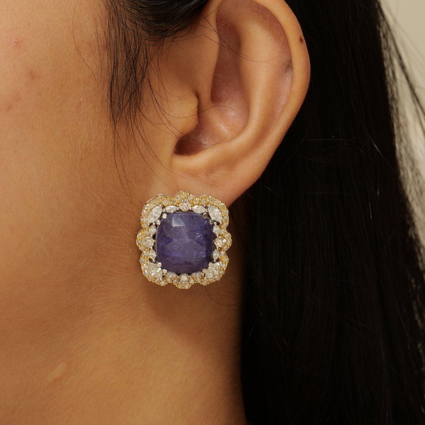 Tanzanite Cushion Halo Natural Diamond Earrings