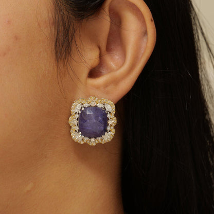 Tanzanite Cushion Halo Natural Diamond Earrings