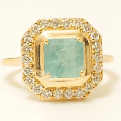 Princess Cut Halo Emerald Gemstone Diamond Ring