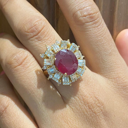 Oval Ruby Baguette Halo Ring