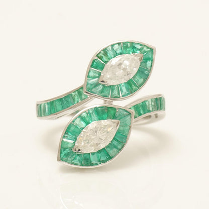 Baguette Cut Emerald Halo Diamond Ring