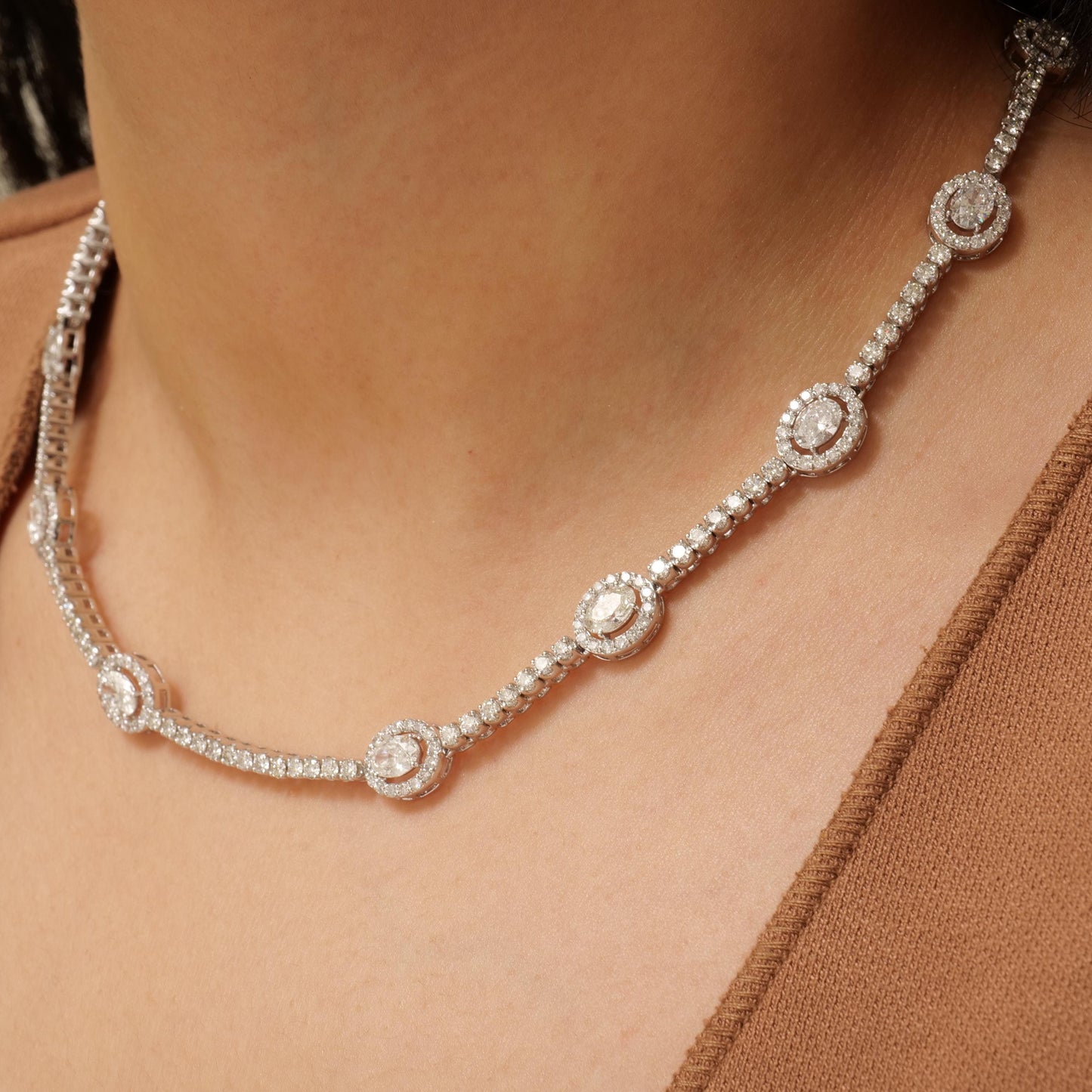 Oval Link Halo Diamond Necklace