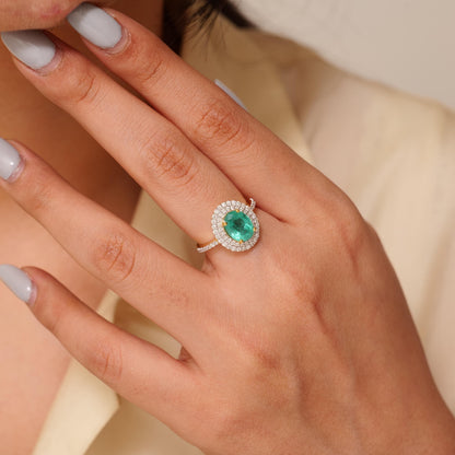 Oval Emerald Double Halo Diamond Ring