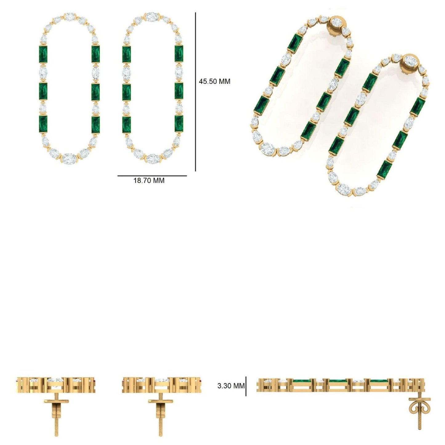 Emerald Diamond Long Stud Earrings