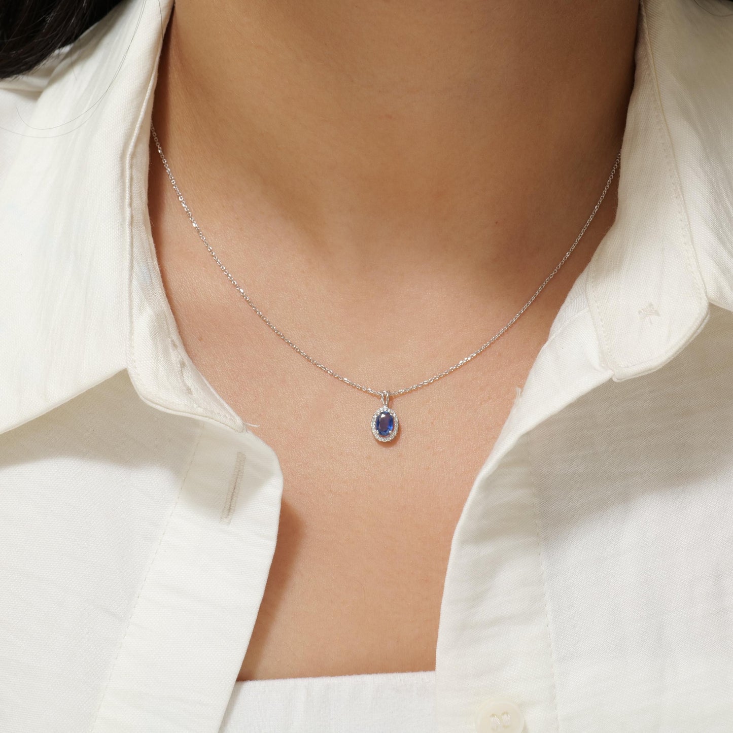 Oval Natural Sapphire & Diamond Halo Necklace