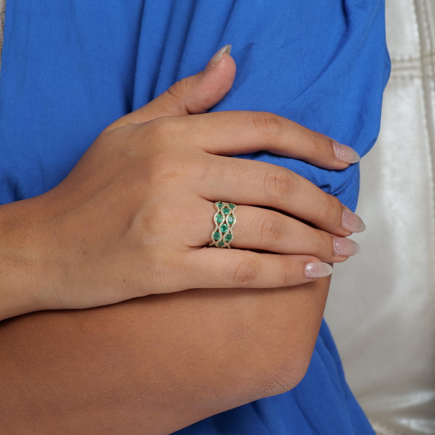 Emerald Wave Diamond Wide Band Ring