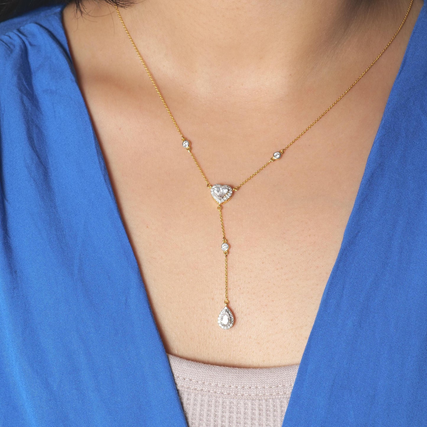 Heart Pear Diamond Drop Lariat Necklace