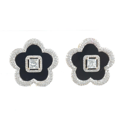 Onyx Flower Diamond Stud Earrings