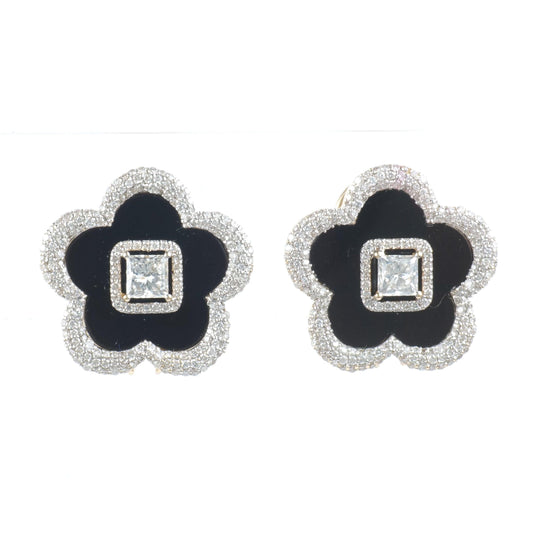 Onyx Flower Diamond Stud Earrings