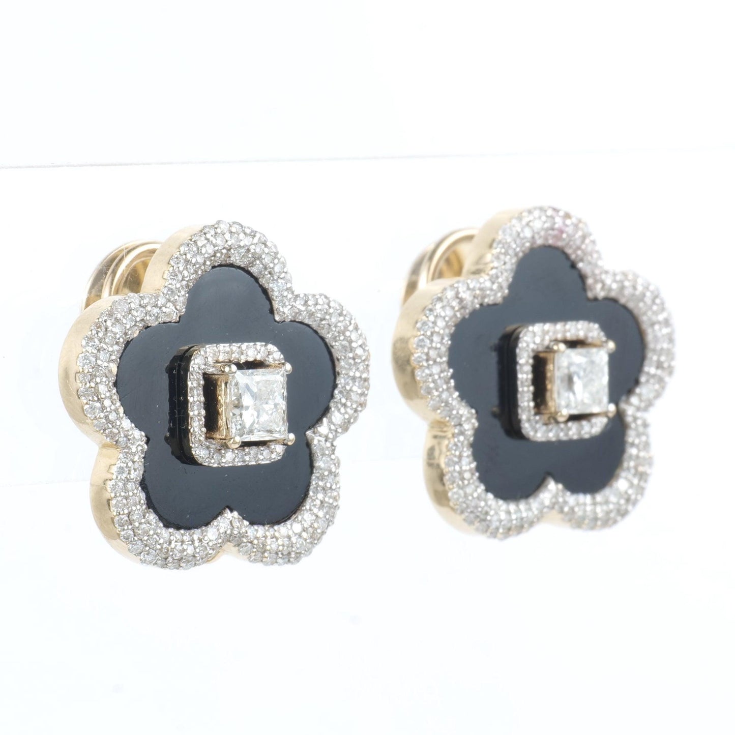 Onyx Flower Diamond Stud Earrings