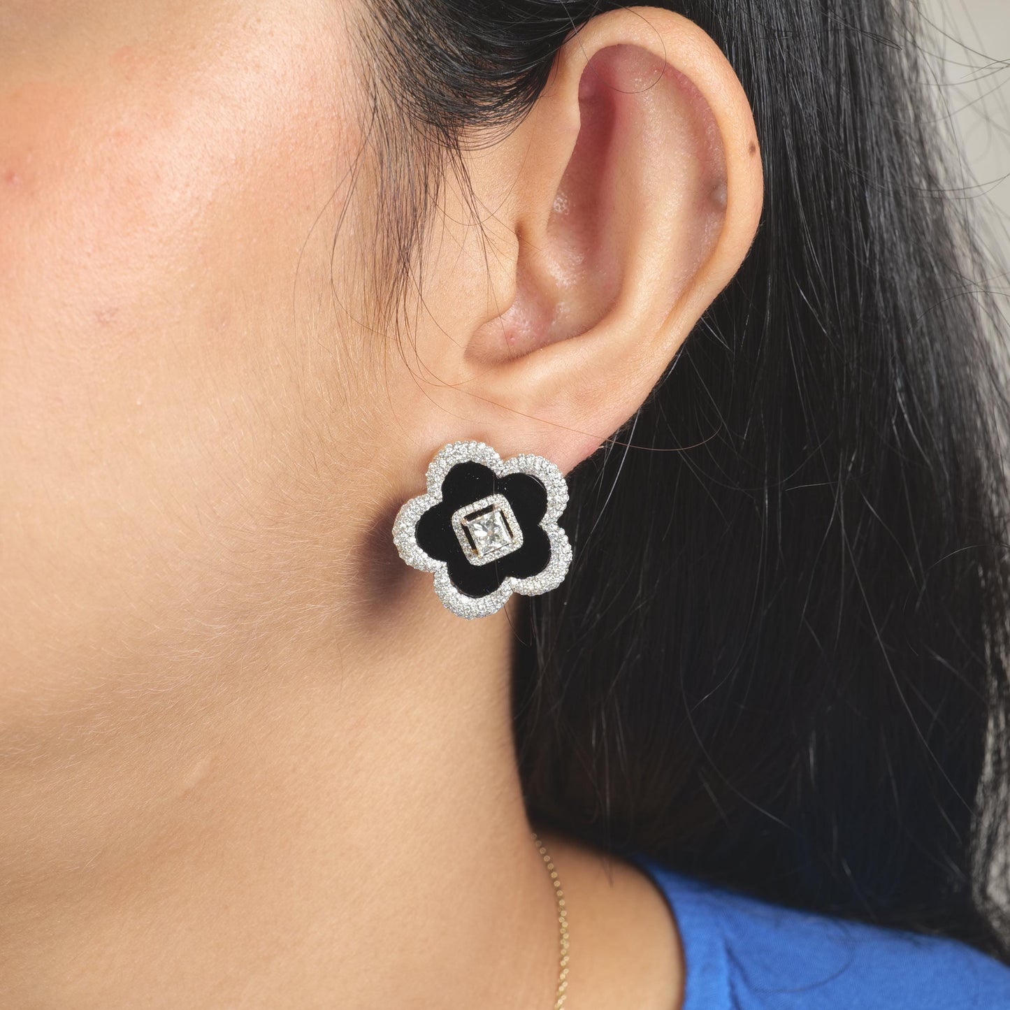 Onyx Flower Diamond Stud Earrings