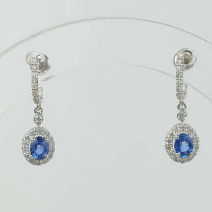 Natural Oval Sapphire & Diamond Halo Drop Earrings