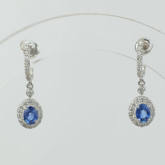 Natural Oval Sapphire & Diamond Halo Drop Earrings