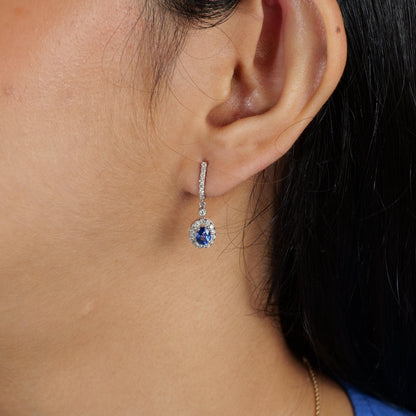 Natural Oval Sapphire & Diamond Halo Drop Earrings