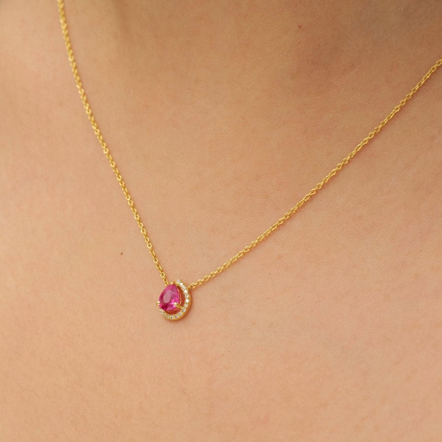Pear Ruby Halo Diamond Necklace