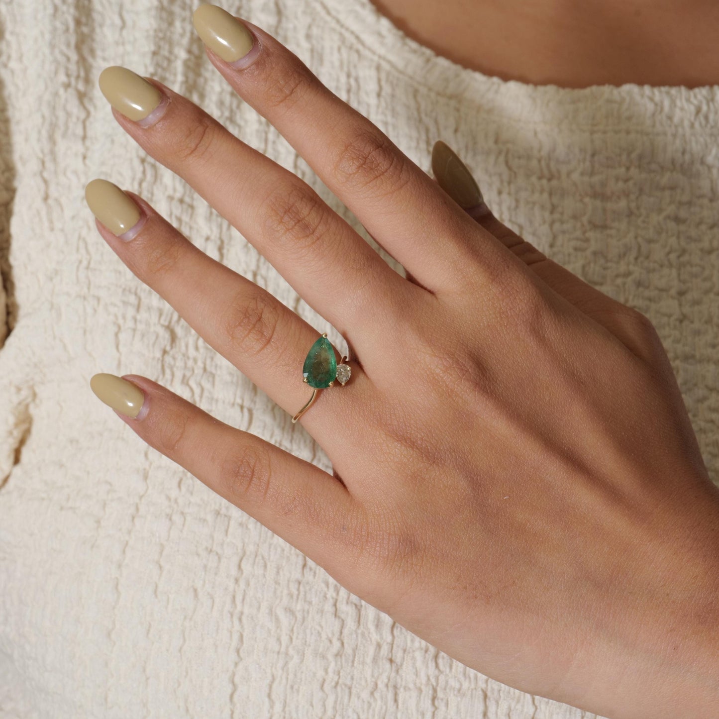 Pear Emerald & Diamond Bypass Ring