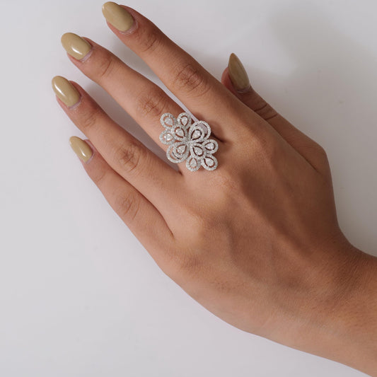 Floral Pear Halo Natural Diamond Ring