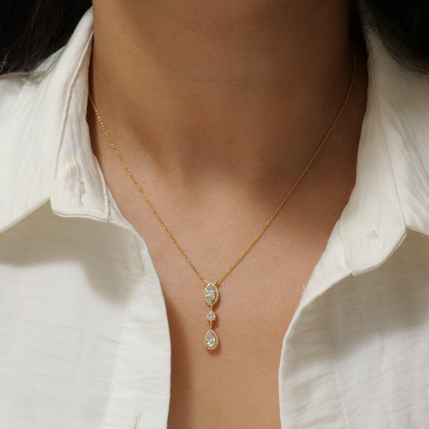 Three Stone Halo Diamond Necklace