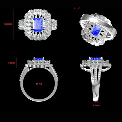 Emerald Cut Natural Tanzanite Diamond Ring