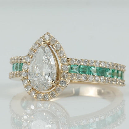 Pear Halo Natural Diamond Solitaire Ring
