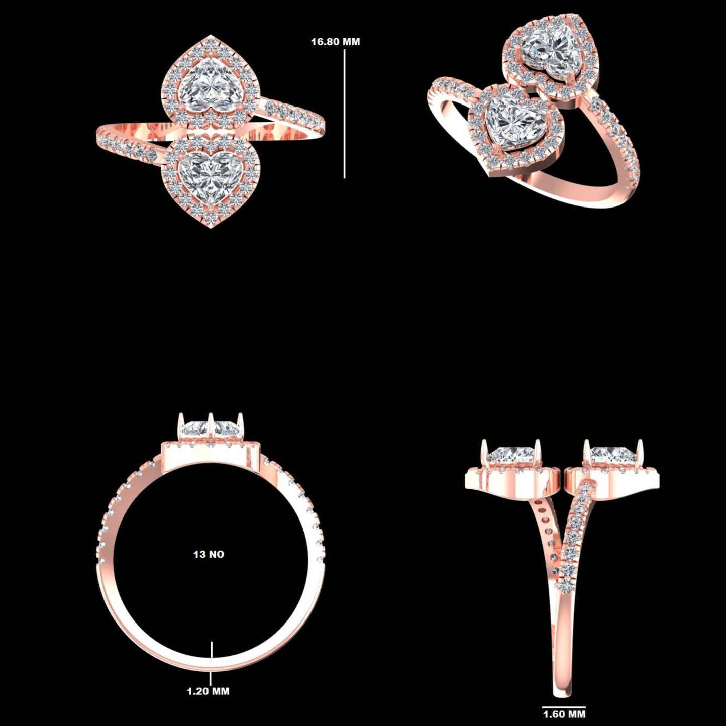 Double Heart Diamond Bypass Ring