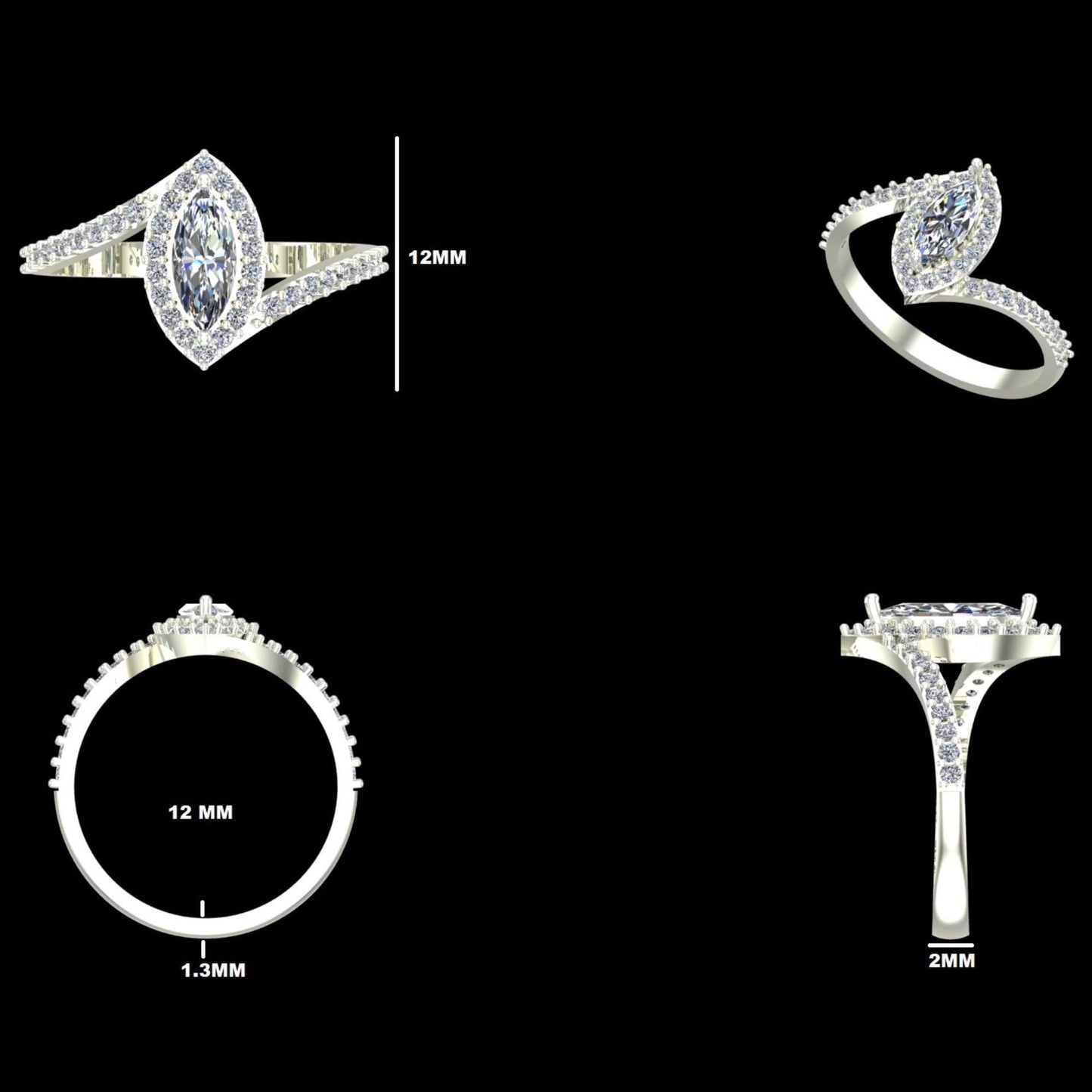 Marquise Halo Natural Diamond Bypass Ring