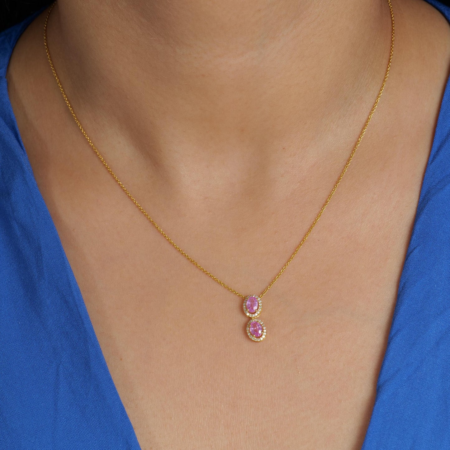 Oval Natural Pink Sapphire Halo Diamond Necklace