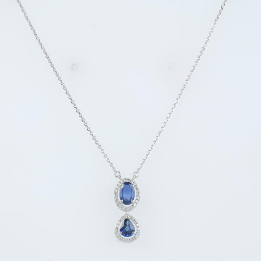Oval Natural Blue Sapphire Halo Diamond Necklace