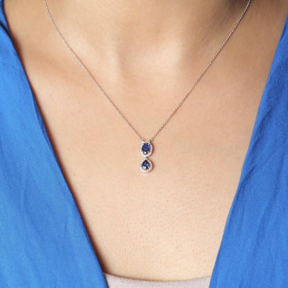 Oval Natural Blue Sapphire Halo Diamond Necklace