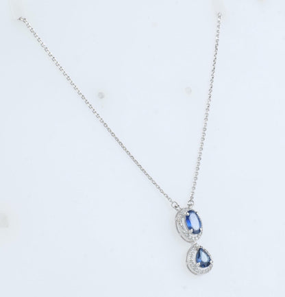 Oval Natural Blue Sapphire Halo Diamond Necklace