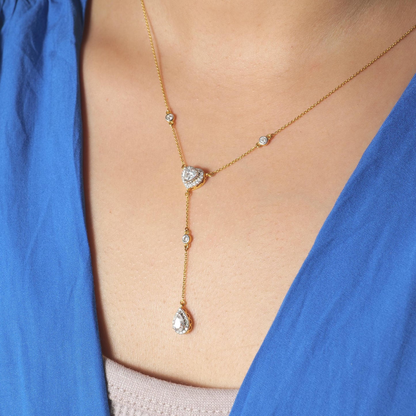 Heart Pear Diamond Drop Lariat Necklace