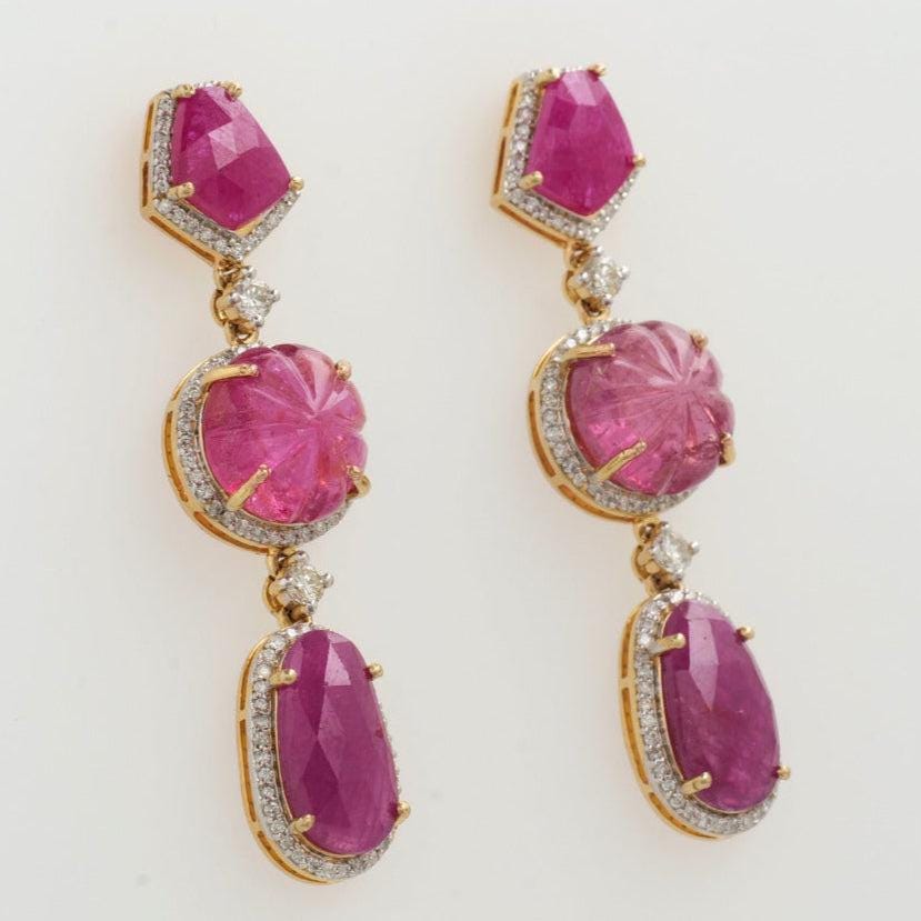 Ruby Tourmaline Diamond Dangle Earrings