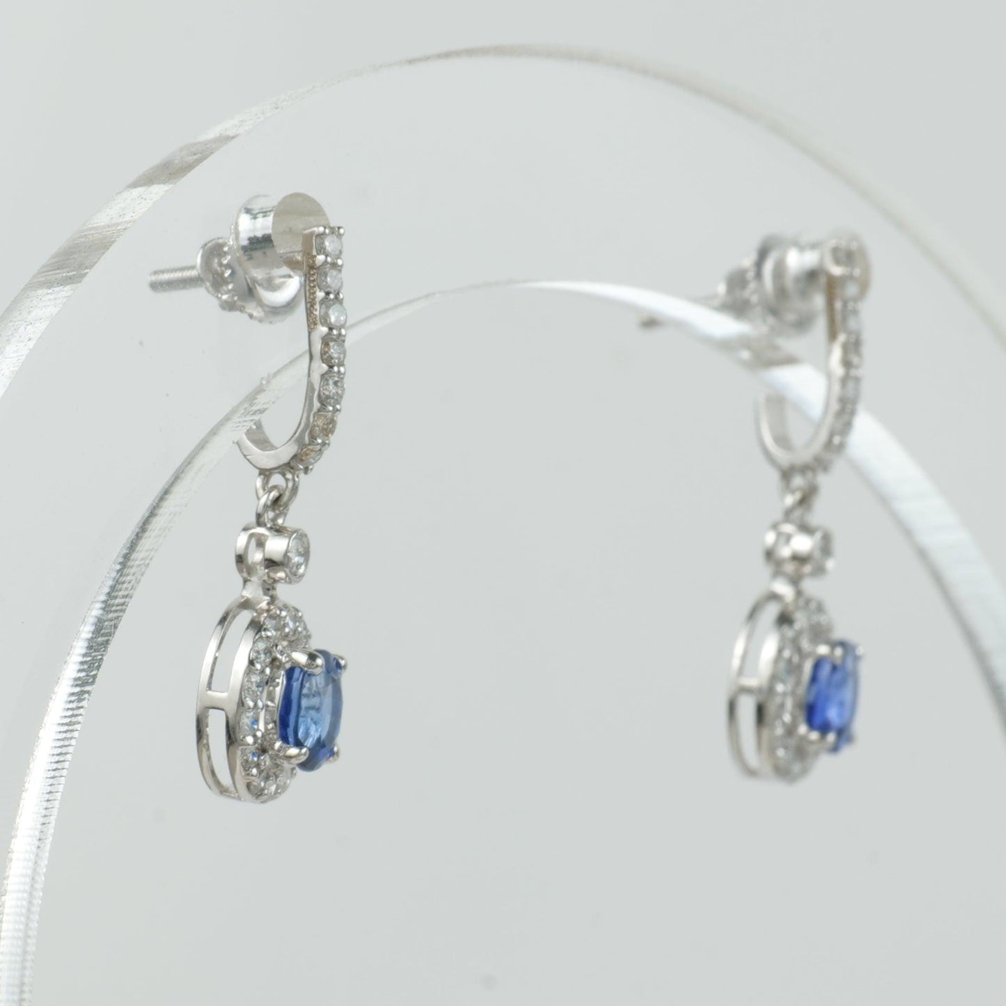 Natural Oval Sapphire & Diamond Halo Drop Earrings