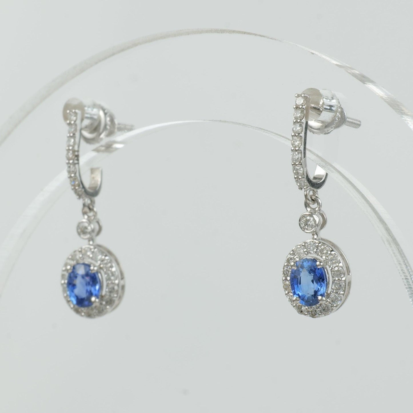 Natural Oval Sapphire & Diamond Halo Drop Earrings