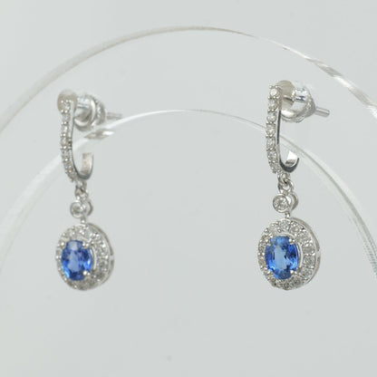 Natural Oval Sapphire & Diamond Halo Drop Earrings