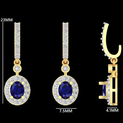 Natural Oval Sapphire & Diamond Halo Drop Earrings