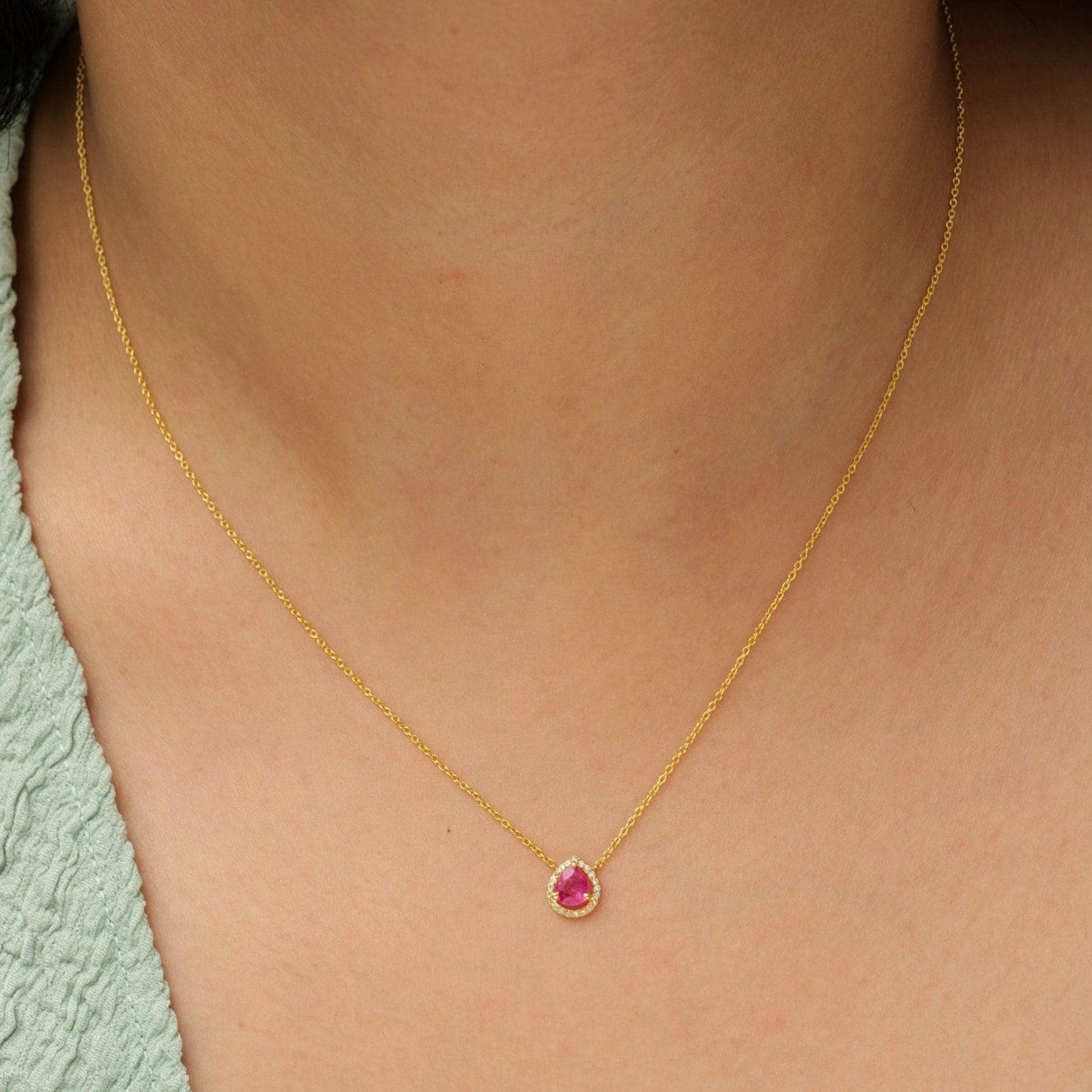 Pear Ruby Halo Diamond Necklace