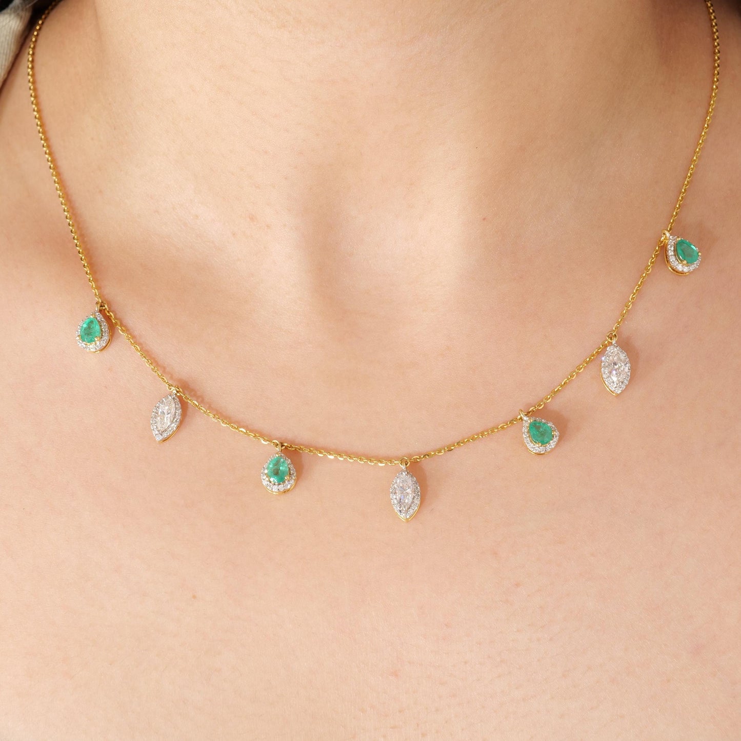 Emerald Diamond Halo Drop Necklace