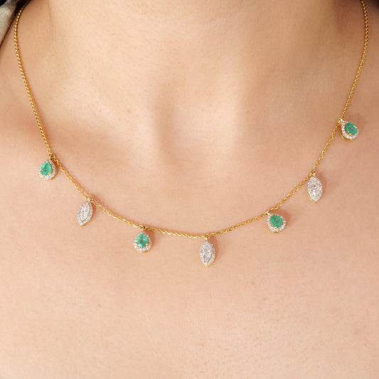 Emerald Diamond Halo Drop Necklace