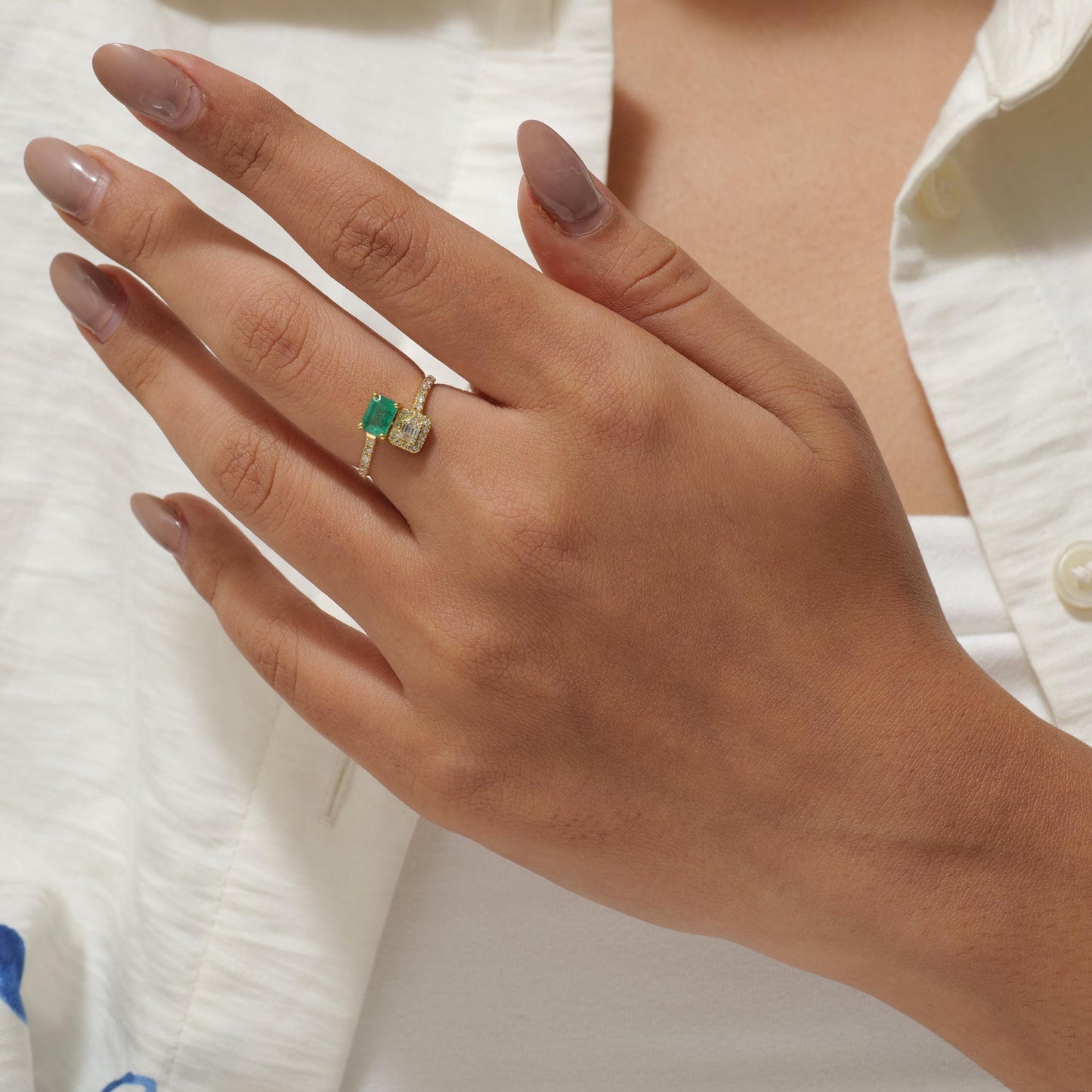 Natural Emerald & Diamond Bypass Ring